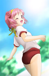  ;d ass blush buruma day double_bun ever_17 female flat_chest from_behind gym_uniform hair_bobbles hair_bun hair_ornament hair_ribbon hairband lens_flare looking_back min one_eye_closed open_mouth outdoors pink_eyes pink_hair red_buruma ribbon short_hair short_twintails sky smile solo standing sun twintails yagami_coco 