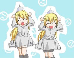  2girls aircraft airplane blonde_hair caramelldansen coat_of_arms copyright_request jet mecha_musume military multiple_girls saab_gripen saab_viggen suzushino_kisara svenska_flygvapnet sweden tre_kronor 