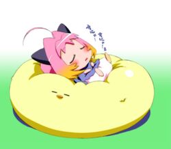  :o ahoge blonde_hair blush chibi commentary_request crescent female full_body gradient_hair legs_up lying makinon_tm multicolored_hair on_back open_mouth pink_hair potemayo potemayo_(character) short_hair sleeping solo 