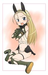  :o animal_ears antenna_hair bare_shoulders blonde_hair blush boots border covering_breasts covering_privates crossed_arms elbow_gloves elise_von_dietrich embarrassed fake_animal_ears female flat_chest from_side full_body gloves green_footwear green_gloves green_thighhighs hairband hamao headgear leotard long_hair looking_at_viewer motion_slit navel oerba_yun_fang open_mouth outside_border pilot_suit sitting sky_girls solo tears thigh_boots thighhighs torn_clothes torn_leotard torn_thighhighs turtleneck wariza white_leotard 