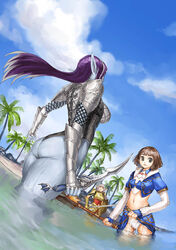  3girls armor ass beach blue_skin clothes_lift colored_skin dark_elf dark_elf_(lineage_2) day elf elf_(lineage_2) garex human_(lineage_2) knife lineage lineage_2 midriff multiple_girls outdoors panties photoshop_(medium) player_character_(lineage_2) pointy_ears purple_hair skirt skirt_lift staff sword underwear water weapon wet 