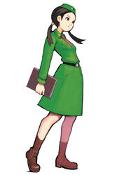  advance_wars advance_wars_2 arched_back belt black_eyes black_hair book boots female flat_chest full_body garrison_cap hair_bobbles hair_ornament hat highres hirata_ryou long_hair low_twintails military military_uniform necktie official_art photoshop_(medium) simple_background skirt solo sonja_(advance_wars) standing tiptoes twintails uniform 