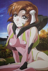  absurdres arm_cutout black_eyes blue_sky blush bodysuit breasts breasts_apart brown_hair closed_mouth clothing_cutout cropped cropped_vest female grass hair_between_eyes headgear highres hirai_hisashi looking_ahead medium_breasts on_ground open_clothes open_vest outdoors parted_bangs pilot_suit pink_bodysuit pink_vest scan short_hair shoulder_cutout side_cutout sitting skin_tight sky solo soukyuu_no_fafner synergetic_suit thighs toomi_maya tree vest wariza 