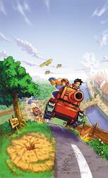  2boys advance_wars aircraft airplane andy_(advance_wars) arrow_(symbol) black_hair blue_hair bridge caterpillar_tracks city cloud day explosion female fence fire grass grin headband hirata_ryou jumping max_(advance_wars) military military_uniform military_vehicle motor_vehicle multiple_boys muscular official_art orange_hair outdoors sami_(advance_wars) shadow short_hair sign sky sleeves_rolled_up smile smoke spiked_hair tank tank_top tree uniform water 