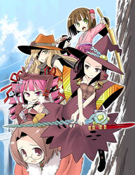  5girls bushidou_(sekaiju) bushidou_4_(sekaiju) commentary_request dark_hunter dark_hunter_4 doctor_magus doctor_magus_2 gunner_(sekaiju) gunner_4_(sekaiju) minami_juujisei multiple_girls photoshop_(medium) ranger_(sekaiju) ranger_4_(sekaiju) sekaiju_no_meikyuu sekaiju_no_meikyuu_2 staff sword weapon 