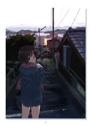  bag breath brown_eyes brown_hair city cityscape cold commentary_request copyright_request female matsumoto_noriyuki nagasaki outdoors photoshop_(medium) real_world_location scarf scenery school_bag school_uniform short_hair solo stairs 