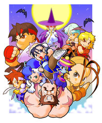  3boys 6+girls animal_ears animal_hands animal_print artist_request bat_(animal) bat_print bat_wings black_hair blonde_hair blue_eyes blue_hair blue_sailor_collar blue_skin border breasts brown_eyes brown_hair bun_cover capcom cape cat_ears cat_tail chibi china_dress chinese_clothes chun-li cleavage colored_skin crossover demon_girl double_bun dress everyone felicia_(vampire) fingerless_gloves gloves green_hair hair_bun hat head_wings headband highres ibuki_(street_fighter) kasugano_sakura ken_masters kicking lei_lei long_hair medium_breasts moon morrigan_aensland multiple_boys multiple_girls muscular night ninja official_art pantyhose pelvic_curtain photoshop_(medium) pocket_fighter print_pantyhose red_eyes red_hair ryu_(street_fighter) sailor_collar school_uniform serafuku short_hair skirt star_(symbol) street_fighter street_fighter_ii_(series) street_fighter_iii_(series) street_fighter_zero_(series) tabasa tail thighhighs vampire_(game) warzard white_border wings witch zangief 