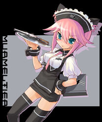  blue_eyes busou_shinki commentary_request female gun handgun katahira_masashi mauser_c96 murmeltier necktie photoshop_(medium) pink_hair solo thighhighs tray waitress weapon wrist_cuffs 