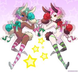  2girls animal_ears blue_eyes boxing_gloves breasts commentary_request dark-skinned_female dark_skin dual_persona green_hair medium_breasts miogrobin multiple_girls original panties pink_hair polar_opposites rabbit_ears rabbit_tail red_eyes short_hair striped_clothes striped_thighhighs tail thighhighs underboob underwear 