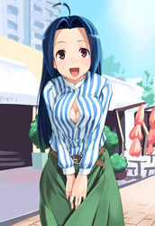  akizuki_ritsuko akizuki_ritsuko_(cosplay) belt blue_hair breasts cleavage cosplay female haruno_shuu idolmaster idolmaster_(classic) idolmaster_1 medium_breasts miura_azusa shirt skirt solo striped_clothes striped_shirt unbuttoned vertical-striped_clothes vertical-striped_shirt 