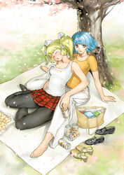  2girls alcohol barefoot beer blonde_hair blue_hair camisole can cherry_blossoms copyright_request drunk fashion feet garex multiple_girls off_shoulder pantyhose photoshop_(medium) picnic short_hair sleepy tree twintails 