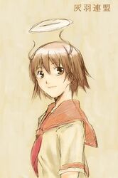  avalonsarg bad_id bad_pixiv_id brown_eyes brown_hair female haibane_renmei halo messy_hair orange_sailor_collar rakka_(haibane) sailor_collar school_uniform serafuku sketch solo static_cling 