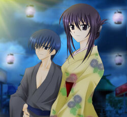  1boy blue_eyes blue_hair cloud ever_17 female folded_ponytail hair_ornament hair_up hairclip hand_on_own_hip husband_and_wife japanese_clothes kimono komachi_tsugumi kuranari_takeshi lantern min night night_sky obi outdoors sash short_hair sky smile standing 