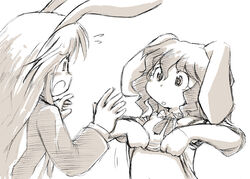  2girls animal_ears clothes_lift commentary_request e_saiba flat_chest greyscale inaba_tewi long_hair monochrome multiple_girls rabbit_ears reisen_udongein_inaba ribbon shirt_lift sketch touhou 