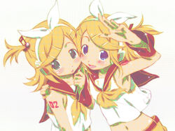  2girls armpits blonde_hair blue_eyes clone commentary_request crop_top hair_ornament hair_ribbon hairclip headphones highres kagamine_rin makinon_tm multiple_girls photoshop_(medium) ribbon short_hair vocaloid 