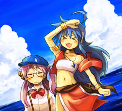  &gt;_&lt; 2girls ahoge armlet bandeau blue_hair blush bow bracelet closed_eyes cloud collarbone commentary_request cosplay day earrings fushigi_no_umi_no_nadia glasses hair_ornament hair_ribbon hairclip hat hiiragi_kagami izumi_konata jean_roque_lartigue jean_roque_lartigue_(cosplay) jewelry kusaka_yoru loincloth long_hair lucky_star midriff mole mole_under_eye multiple_girls nadia_la_arwall nadia_la_arwall_(cosplay) navel neck_ring parody pelvic_curtain photoshop_(medium) purple_hair ribbon sky strapless suspenders sweatdrop takara_miyuki tube_top twintails vest 