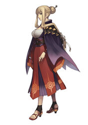  ar_tonelico ar_tonelico_ii armor beads belt black_eyes blonde_hair breasts cape closed_mouth eyelashes female full_body hair_bun hair_ornament hair_stick high_heels highres jewelry large_breasts light_brown_hair long_hair looking_at_viewer low-tied_long_hair nagi_ryou official_art pleated_skirt profile reisha_truelywaath ring sandals sarashi sash shoes shoulder_armor sidelocks simple_background single_hair_bun skirt smile solo standing straight_hair string white_background wristband 