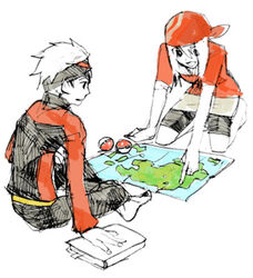  1boy artist_request bandana book brendan_(pokemon) female headband hoenn_map looking_at_map looking_at_object lowres map may_(pokemon) oekaki poke_ball poke_ball_(basic) pokemon pokemon_rse simple_background sitting white_background white_hair 