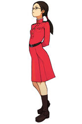  advance_wars advance_wars:_dual_strike arms_behind_back belt black_eyes black_hair boots dress female flat_chest full_body glasses highres hirata_ryou long_hair military military_uniform official_art photoshop_(medium) simple_background solo sonja_(advance_wars) standing turtleneck twintails uniform 