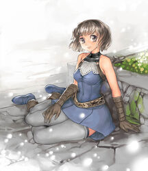  brown_eyes brown_hair female garex gloves human_(lineage_2) lineage lineage_2 photoshop_(medium) player_character_(lineage_2) short_hair sitting sleeveless smile solo thighhighs 