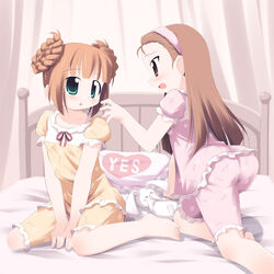  2girls alternate_hairstyle barefoot bed brown_eyes brown_hair double_bun green_eyes hair_bun hairband idolmaster idolmaster_(classic) idolmaster_live_for_you! kagura_yuuki kneeling long_hair minase_iori multiple_girls pajamas photoshop_(medium) pillow takatsuki_yayoi yes yes-no_pillow 