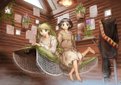  2girls barefoot blonde_hair brown_hair copyright_request feet garex hammock indoors long_hair lying multiple_girls pajamas photoshop_(medium) room short_hair sitting 