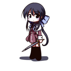  black_eyes black_hair bow chibi commentary_request female fictional_sister kanon kawasumi_mai left-handed long_hair ribbon solo sword weapon 