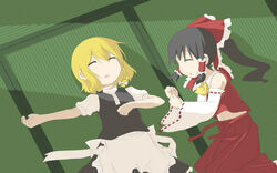  2girls black_hair blonde_hair bow braid closed_eyes commentary_request detached_sleeves from_above hairbow hakurei_reimu kirisame_marisa lying midriff morino_harifu multiple_girls navel no_headwear on_back on_side ponytail side_braid sleeping tatami touhou 