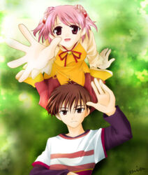  1boy brown_eyes brown_hair double_bun ever_17 female from_above grass hair_bun kaburaki_ryougo lying min on_back outdoors outstretched_arm outstretched_hand pink_hair purple_eyes reaching ribbon short_hair signature sitting smile waving yagami_coco 