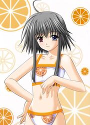  ahoge bikini blue_eyes female flat_chest food food-themed_clothes fruit fruit_background grey_hair hand_on_own_hip heterochromia mayumi_thyme nishimata_aoi orange_(fruit) orange_theme pink_eyes short_hair_with_long_locks shuffle! smile solo swimsuit tankini white_bikini 