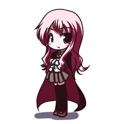  black_thighhighs brown_eyes cape chibi commentary_request crossed_arms female fictional_sister frown full_body long_hair louise_francoise_le_blanc_de_la_valliere pentacle pink_hair shoes skirt solo standing thighhighs white_background zero_no_tsukaima 