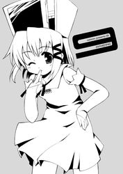  ;) armlet bare_shoulders blush collared_dress commentary_request contrapposto dress female grey_background greyscale hair_ornament hairpin hat leaning_forward looking_at_viewer monochrome nekonin one_eye_closed original simple_background sleeveless sleeveless_dress smile solo standing 