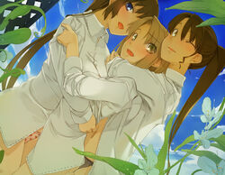  3girls blonde_hair blue_eyes blue_sky brown_eyes brown_hair dress_shirt flower food_print girl_sandwich hair_over_one_eye hug maruku multiple_girls no_pants one_eye_closed open_mouth original panties photoshop_(medium) print_panties sandwiched shirt sky strawberry_panties strawberry_print tongue tongue_out underwear yellow_eyes yuri 