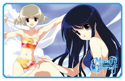  2girls bikini blue_border border copyright_name long_hair looking_at_viewer lowres multiple_girls myself_yourself navel official_art sasaki_mutsumi short_hair sitting swimsuit wakatsuki_shuri yatsushiro_nanaka 