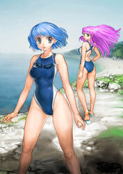  2girls ass back beach blue_hair cliff competition_swimsuit copyright_request day garex goggles goggles_around_neck green_eyes legs long_hair looking_back multiple_girls ocean one-piece_swimsuit photoshop_(medium) pink_hair sandals shadow short_hair swimsuit 