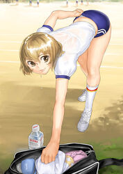  adjusting_buruma adjusting_clothes bent_over blonde_hair blue_buruma brown_eyes buruma copyright_request female garex gym_uniform photoshop_(medium) see-through short_hair solo sweat wet 