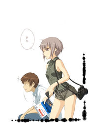  1boy bad_id bad_pixiv_id bare_shoulders belt book brown_eyes camera female kyon nagato_yuki purple_hair short_hair short_shorts shorts suzumiya_haruhi_no_yuuutsu vest wait8 