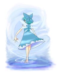  bare_legs barefoot blue_bow blue_dress blue_hair bow cirno commentary_request dress female from_behind full_body hairbow oekaki ribbon short_hair short_sleeves solo standing touhou tsukino wings 