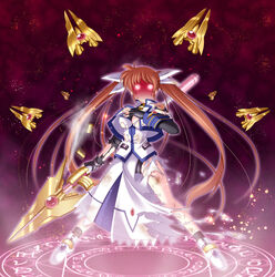  casing_ejection female fin_funnels fingerless_gloves gloves glowing glowing_eyes hair_ribbon injury jacket lyrical_nanoha magazine_(weapon) magic magic_circle magical_girl mahou_shoujo_lyrical_nanoha_strikers narutaki_shin open_clothes open_jacket panties photoshop_(medium) raising_heart raising_heart_(blaster_bit) raising_heart_(exceed_mode) red_hair ribbon shell_casing solo soot takamachi_nanoha takamachi_nanoha_(exceed_mode) torn_clothes twintails underwear white_devil 