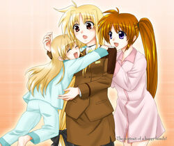  3girls :d ^_^ black_legwear blonde_hair closed_eyes coat cowboy_shot dress english_text family fate_testarossa hachi_(hachikai) hug long_hair long_sleeves low-tied_long_hair lyrical_nanoha mahou_shoujo_lyrical_nanoha_strikers military military_uniform multiple_girls open_mouth pajamas pantyhose purple_eyes red_hair side_ponytail smile standing takamachi_nanoha tsab_ground_military_uniform twintails uniform very_long_hair vivio white_dress 