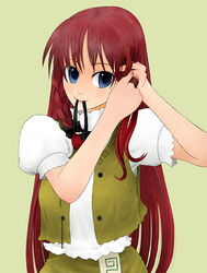  adjusting_hair blue_eyes braid commentary_request female hairband hairdressing hong_meiling itsukage long_hair mouth_hold red_hair solo touhou 