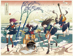  4girls band bass_guitar braid drum drum_set drumsticks electric_guitar fine_art_parody guitar instrument jumping katsushika_hokusai_(1760) long_hair microphone microphone_stand mount_fuji mountain multiple_girls music nadeshiko_rin nihonga original parody photoshop_(medium) playing_instrument ponytail school_uniform serafuku sheet_music sunshu_ejiri thighhighs translated twin_braids ukiyo-e 