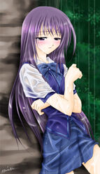  against_tree blush bow ever_17 female komachi_tsugumi long_hair min outdoors purple_eyes purple_hair rain school_uniform signature skirt solo tree wet wet_clothes 