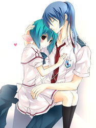  1boy aqua_hair arm_on_another&#039;s_leg bad_link black_socks blue_bow blue_bowtie blue_hair blue_pants blush bow bowtie brown_eyes capelet closed_eyes couple female hair_ribbon hand_on_another&#039;s_chest hand_on_another&#039;s_head heads_together heart hug kneehighs leaning_on_person long_hair macross macross_frontier mihoshi_academy_school_uniform necktie pants pink_ribbon pleated_skirt ponytail puffy_short_sleeves puffy_sleeves ranka_lee red_bow red_necktie red_ribbon ribbon saint_mary&#039;s_academy_school_uniform saotome_alto school_uniform shirt short_hair short_sleeves simple_background sitting sitting_on_lap sitting_on_person skirt smile socks straight tassel vanilla_(nicolla) white_background white_shirt white_skirt 