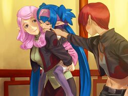  3girls bad_id bad_pixiv_id blue_hair carrying jacket klan_klein lips lolicon long_hair macross macross_frontier meltrandi midriff multiple_girls navel nene_rora piggyback pink_hair pointy_ears poking raramia_rerenia red_hair shimotsuki_eight sleeping thighhighs uniform very_long_hair 