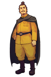  1boy advance_wars advance_wars:_dual_strike belt black_eyes boots brown_hair cape facial_hair full_body goatee hand_on_own_hip high_ponytail highres hirata_ryou kanbei_(advance_wars) male_focus military military_uniform moustache official_art photoshop_(medium) ponytail simple_background solo standing topknot turtleneck uniform 