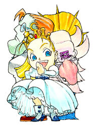  2boys bengus blonde_hair blue_eyes chibi cyberbots devilot_de_deathsatan_ix dr_stein dress female forehead jigoku_daishi multiple_boys ojou-sama_pose photoshop_(medium) 