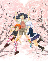  3girls akashi_kaoru bad_id bad_pixiv_id cherry_blossoms flower frills glasses midriff multicolored_clothes multicolored_legwear multiple_girls nogami_aoi orange_hair petals photoshop_(medium) sannomiya_shiho shoes short_shorts shorts socks striped_clothes striped_thighhighs the_children thighhighs wait8 zettai_karen_children 