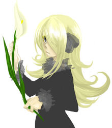  artist_request blonde_hair calla_lily cynthia_(pokemon) female flower hair_over_one_eye long_hair pokemon pokemon_dppt simple_background solo spathiphyllum white_background 