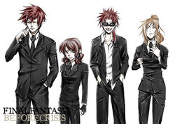  2boys 2girls artist_request before_crisis_final_fantasy_vii cissnei copyright_name final_fantasy final_fantasy_vii formal lineup multiple_boys multiple_girls reno_(ff7) rod_(male) shotgun_(female) suit turks_(ff7) 